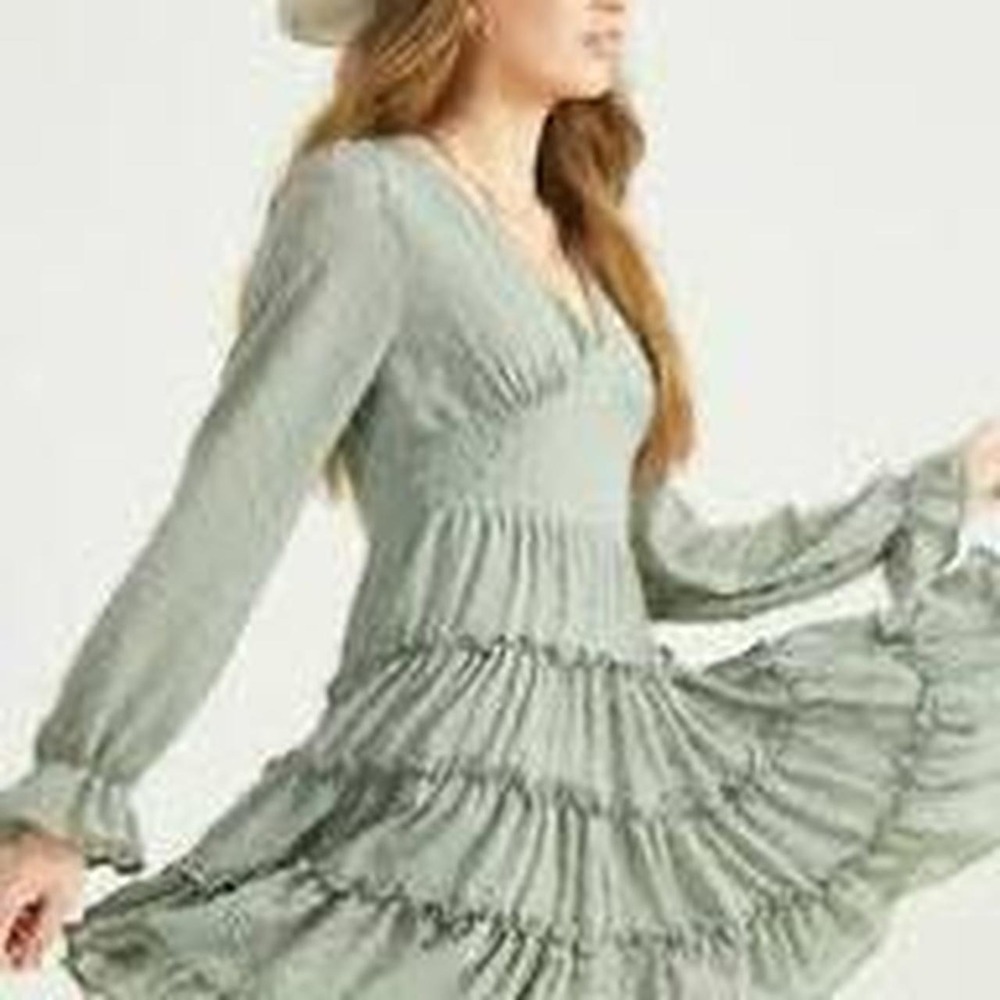 Altar'd State sage green babydoll dress‎ with ruffles and polka dots. Size M